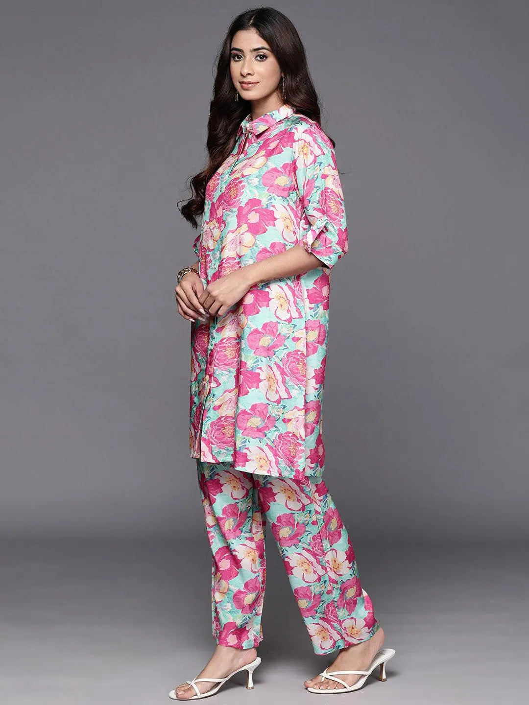 Pink Printed Cotton Blend Tunic With Palazzos - Libas