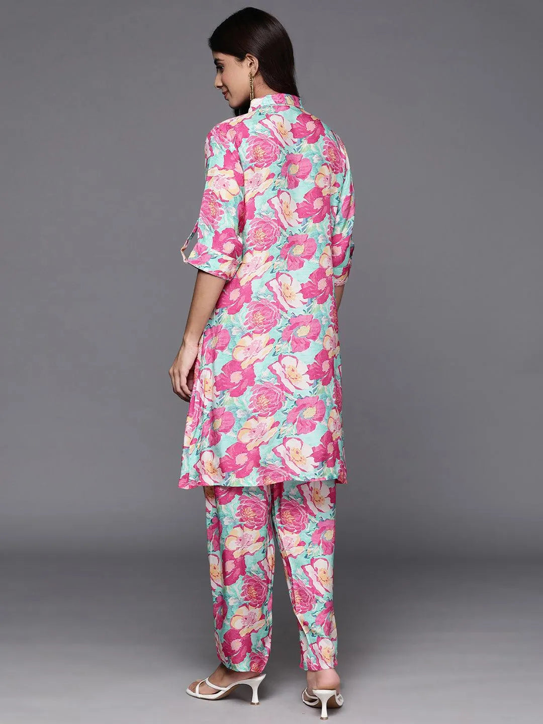 Pink Printed Cotton Blend Tunic With Palazzos - Libas 