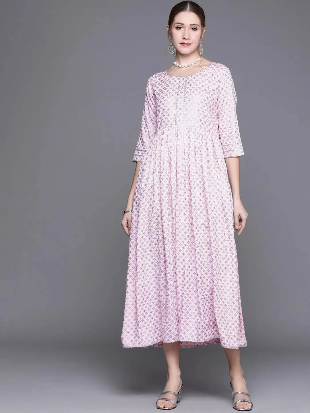 Pink Printed Cotton Dress - Libas