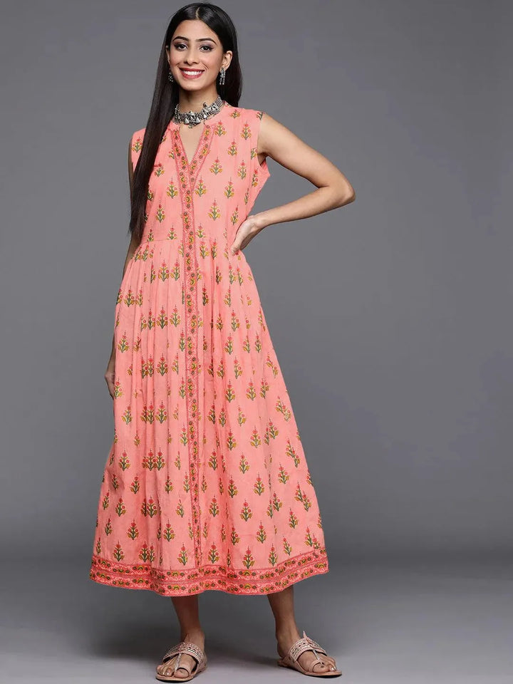 Pink Printed Cotton Dress - Libas