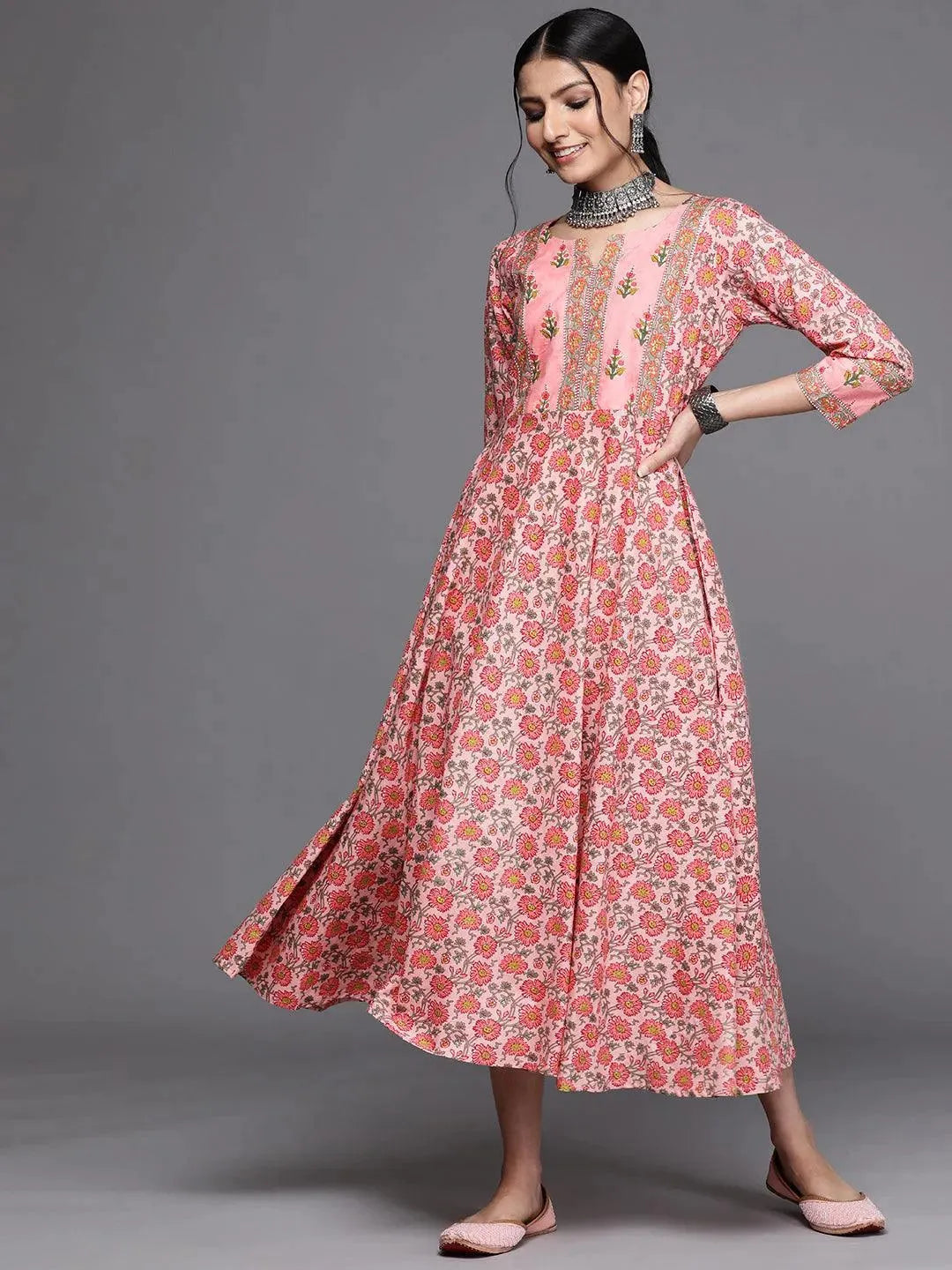 Pink Printed Cotton Dress - Libas