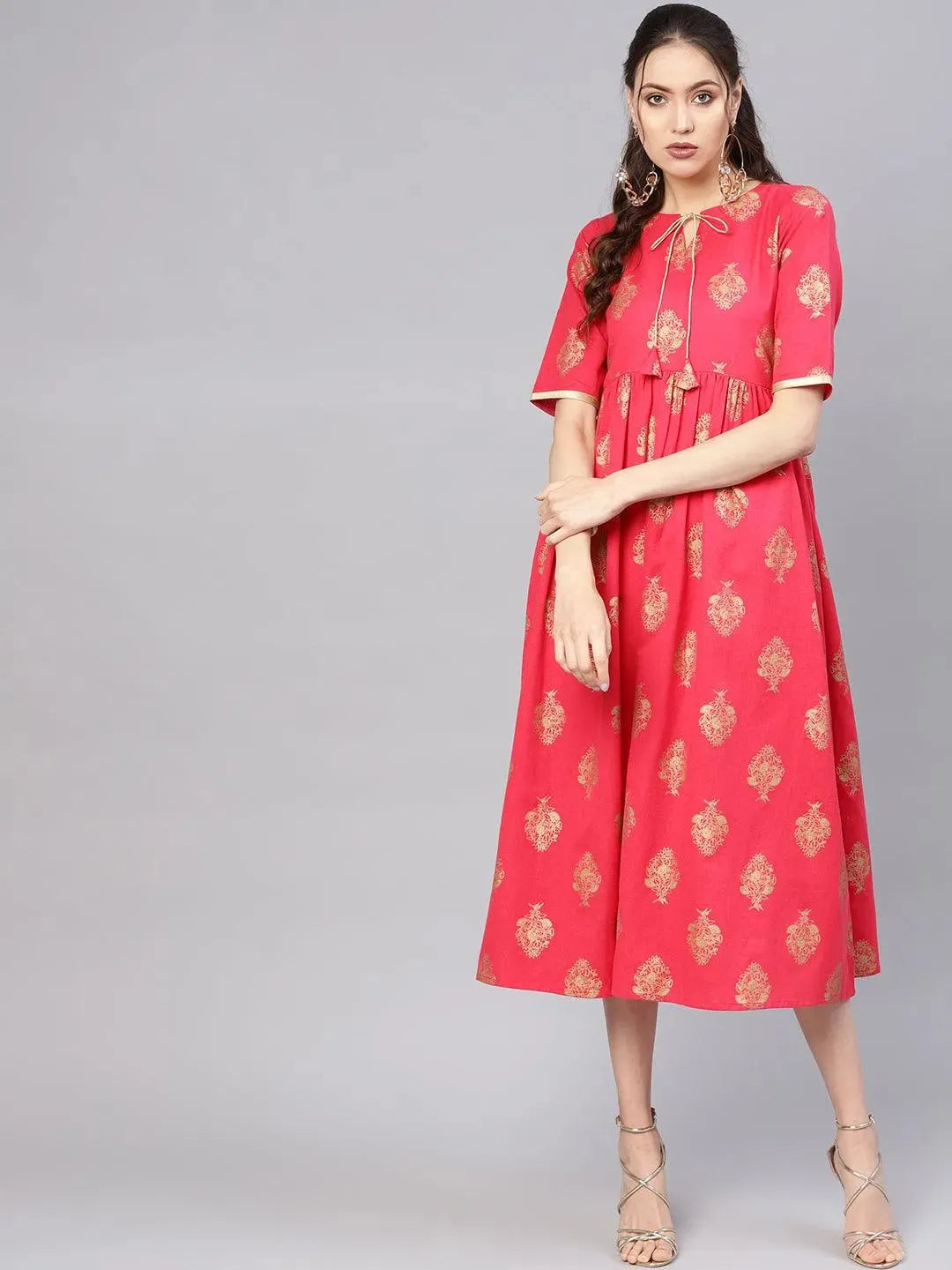 Pink Printed Cotton Dress - Libas