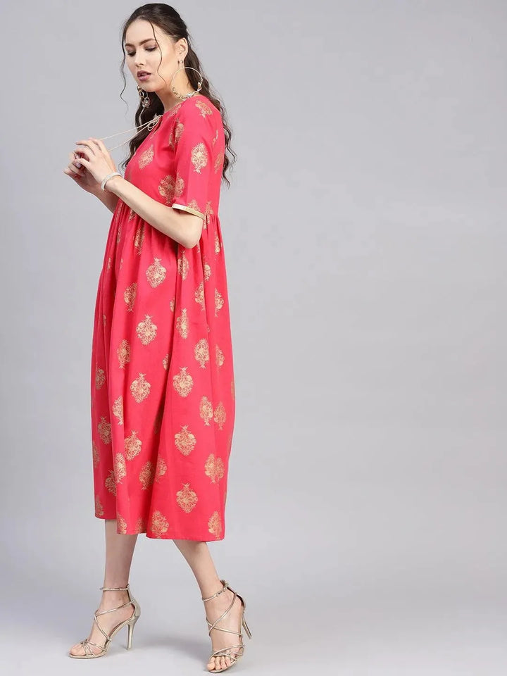 Pink Printed Cotton Dress - Libas