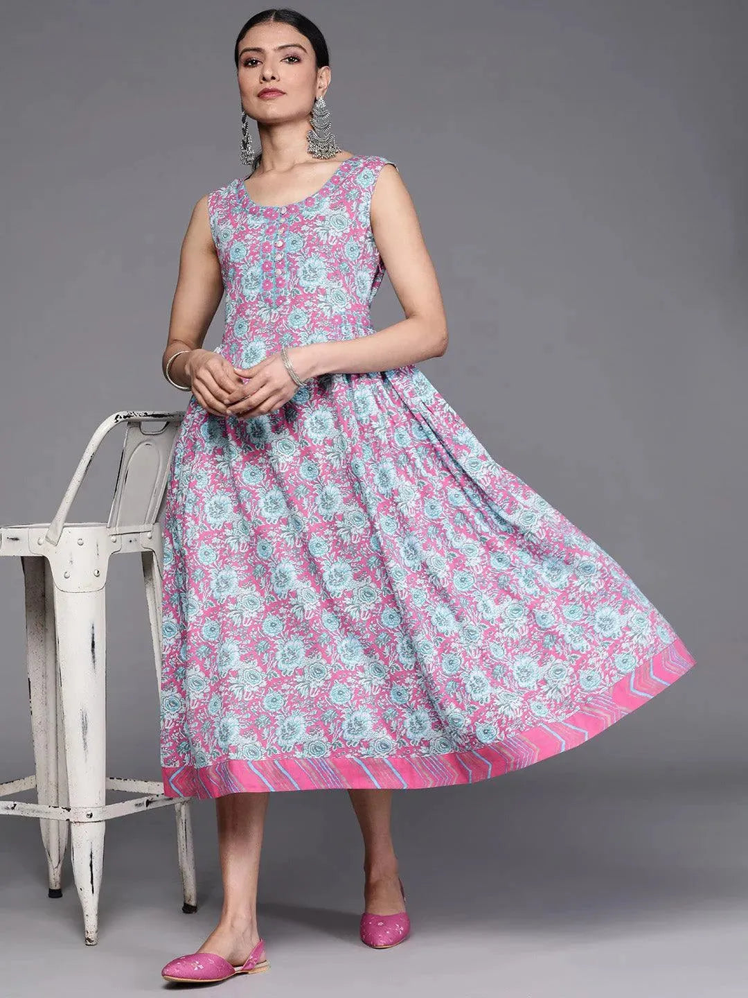 Pink Printed Cotton Dress - Libas