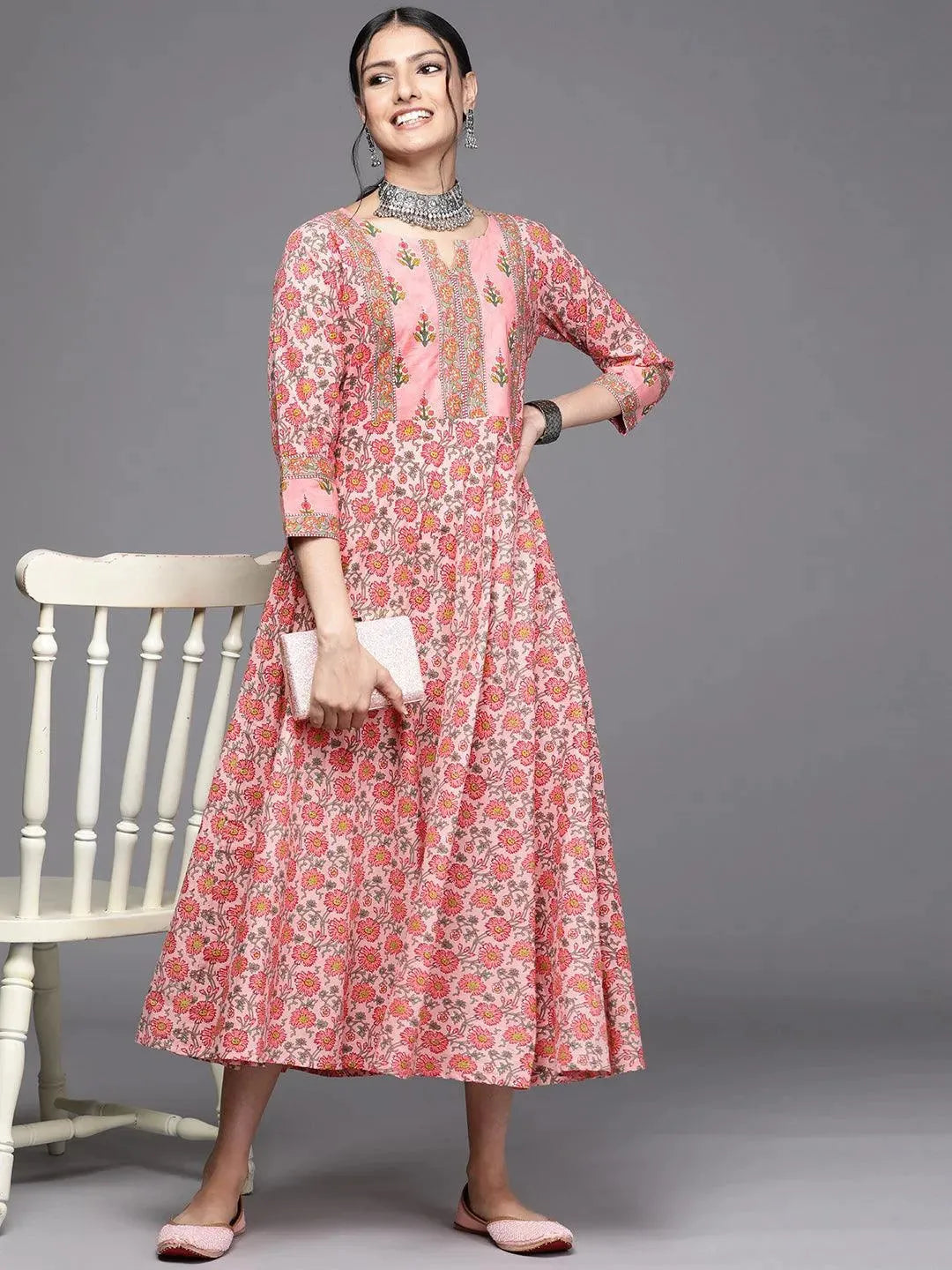 Pink Printed Cotton Dress - Libas