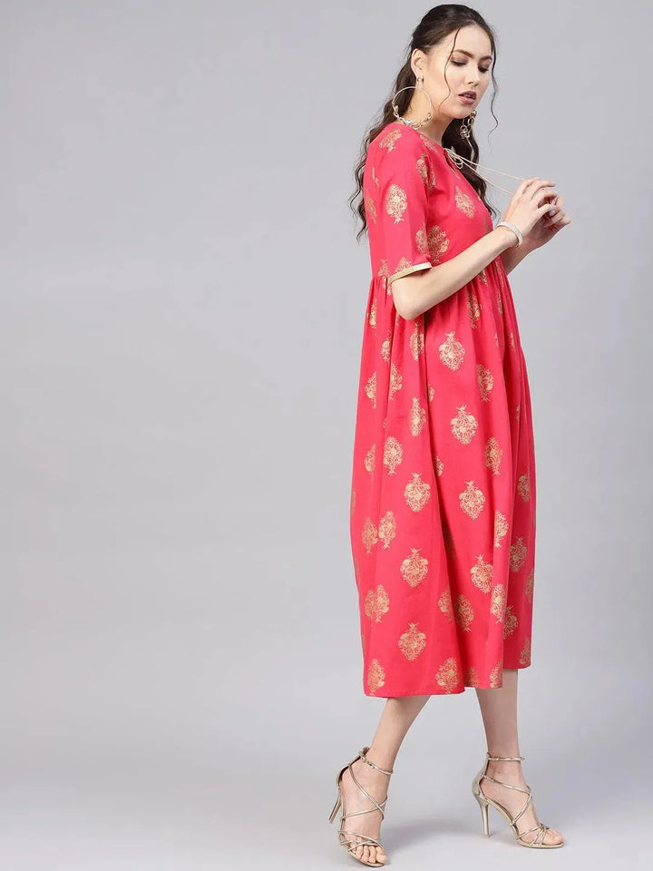 Pink Printed Cotton Dress - Libas