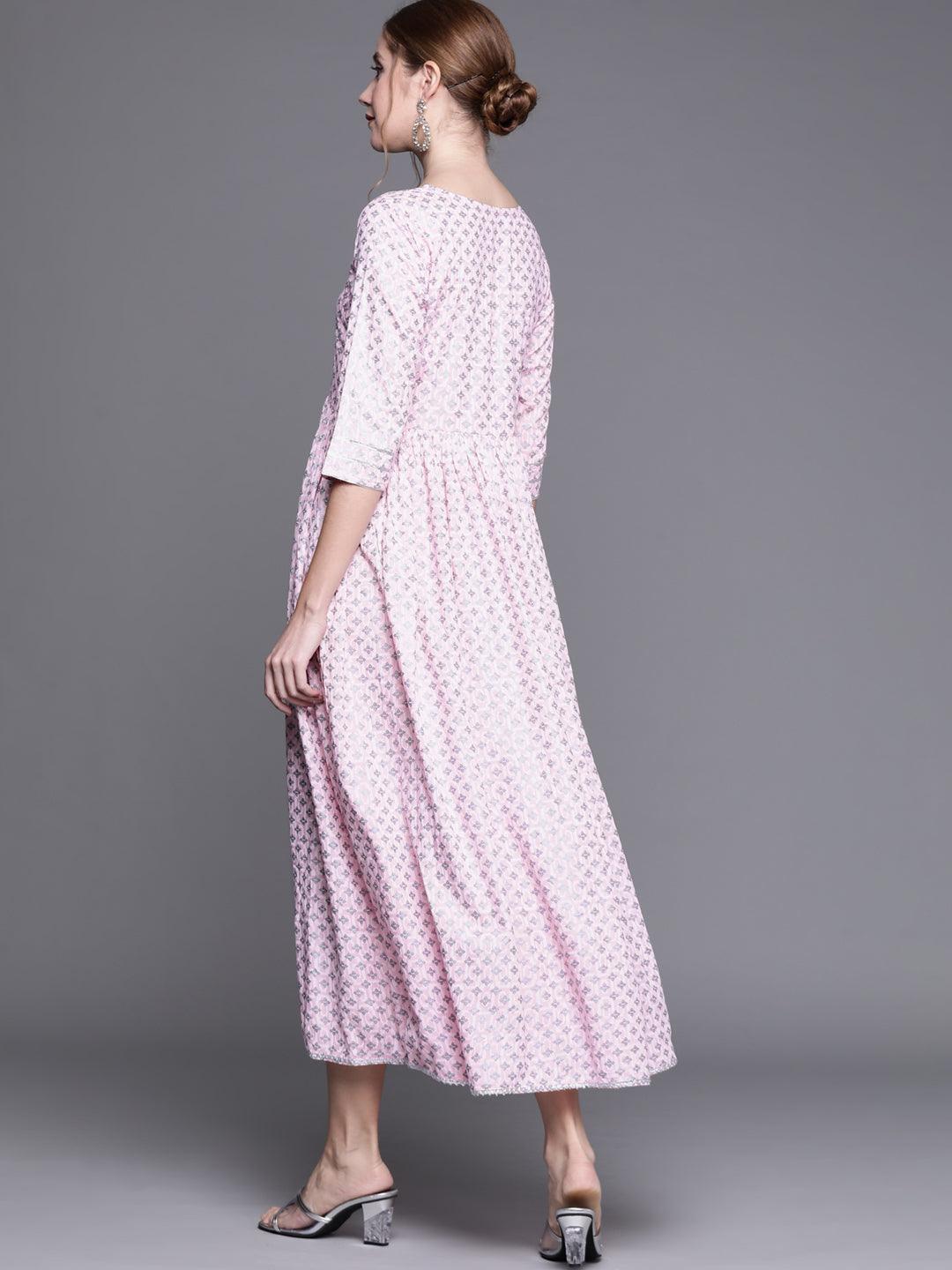 Pink Printed Cotton Dress - Libas