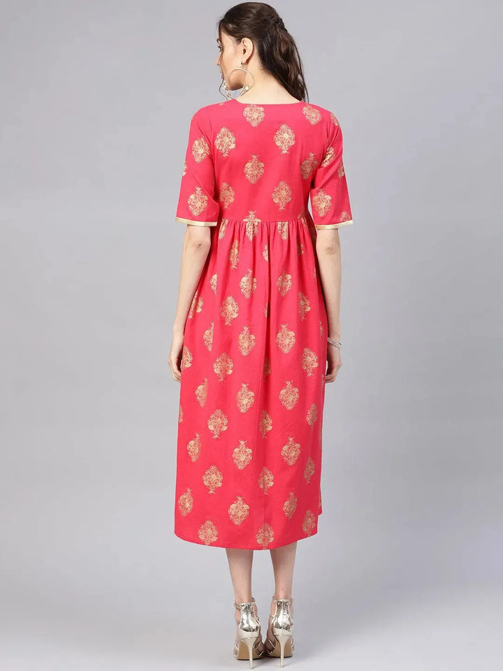 Pink Printed Cotton Dress - Libas