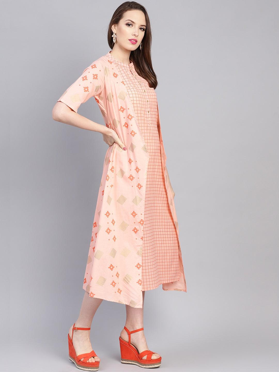 Pink Printed Cotton Dress With Jacket - Libas