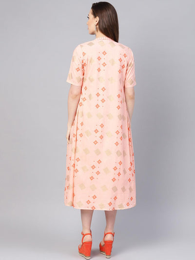 Pink Printed Cotton Dress With Jacket - Libas