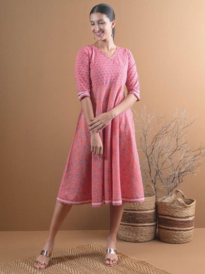 Pink Printed Cotton Dress With Mask - Libas