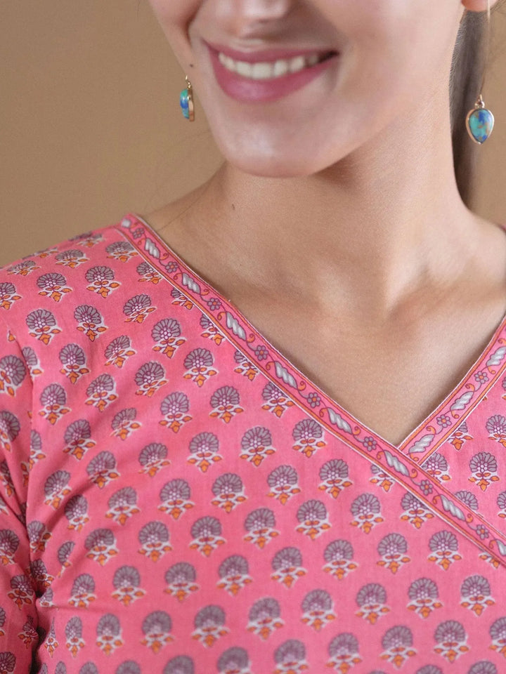 Pink Printed Cotton Dress With Mask - Libas