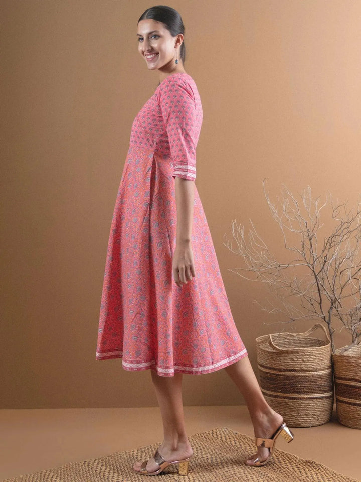 Pink Printed Cotton Dress With Mask - Libas
