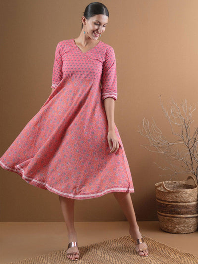 Pink Printed Cotton Dress With Mask - Libas