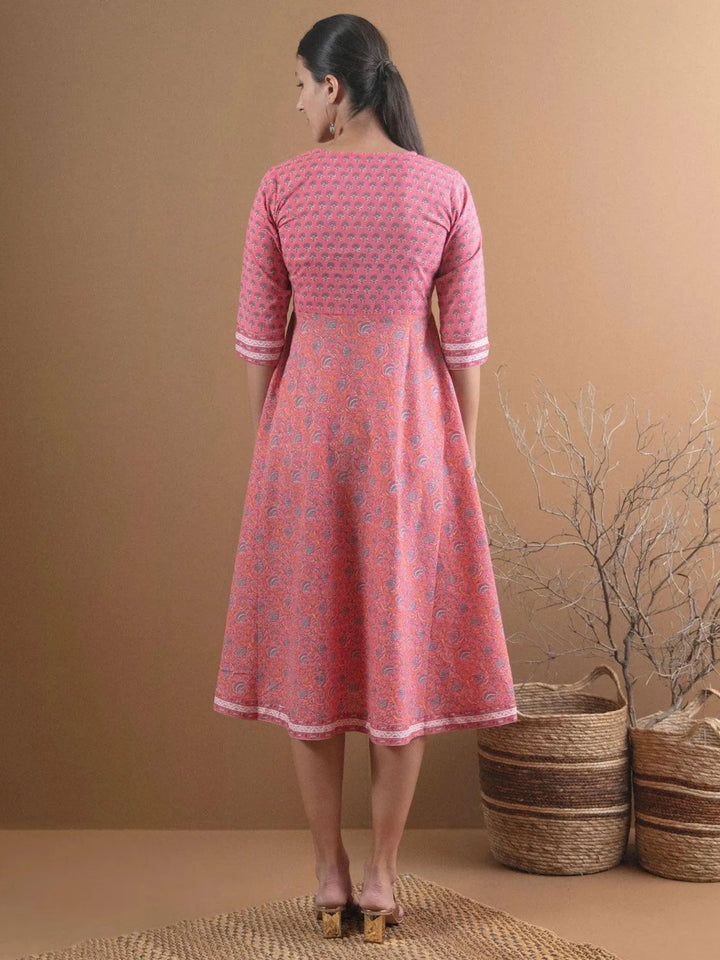 Pink Printed Cotton Dress With Mask - Libas