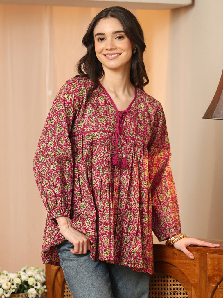 Libas Pink Printed Cotton Empire Top