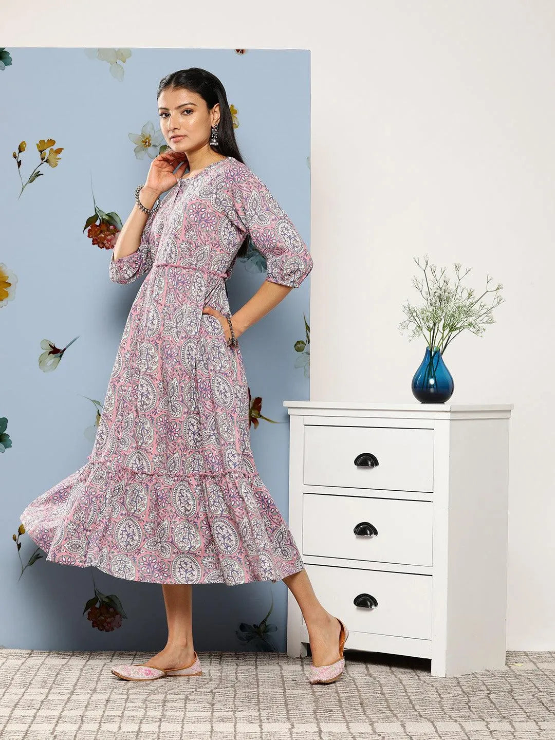 Pink Printed Cotton Fit and Flare Dress - Libas 