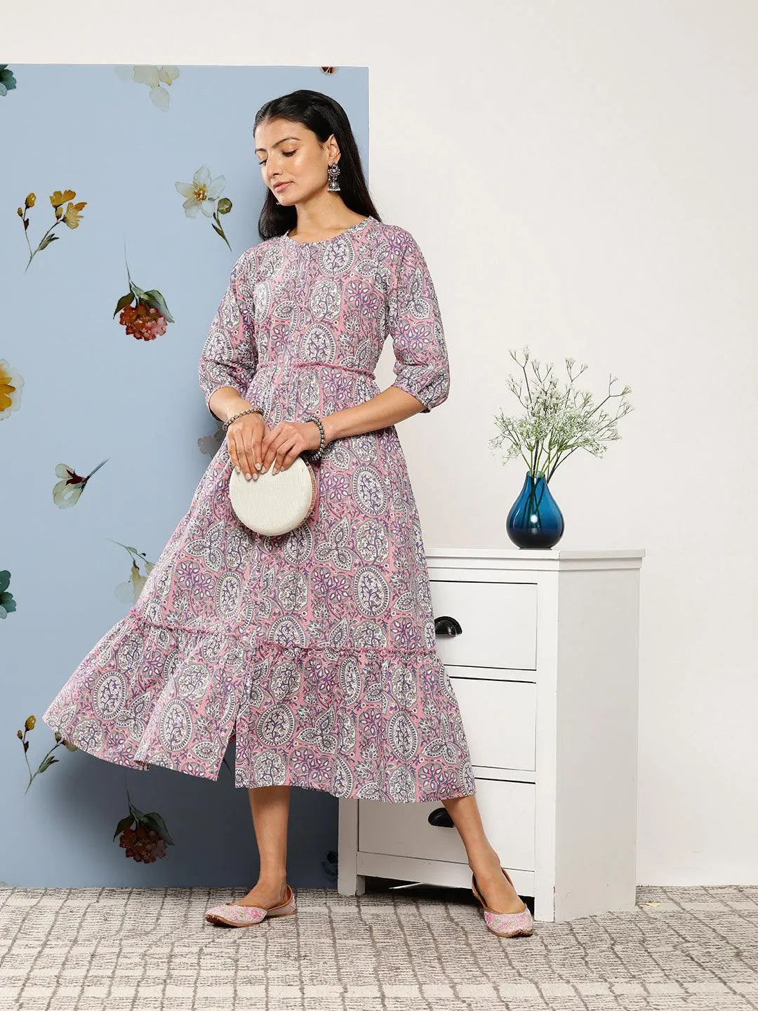 Pink Printed Cotton Fit and Flare Dress - Libas 