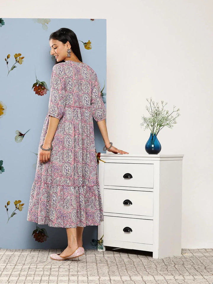 Pink Printed Cotton Fit and Flare Dress - Libas