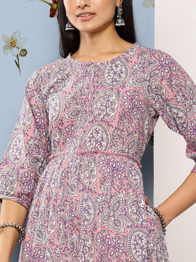 Pink Printed Cotton Fit and Flare Dress - Libas