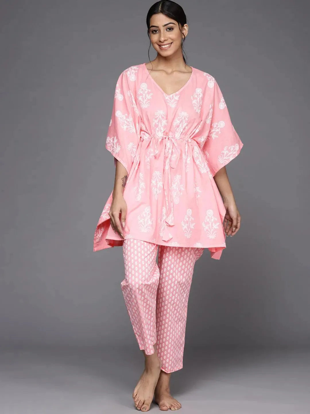 Pink Printed Cotton Night Suit - Libas