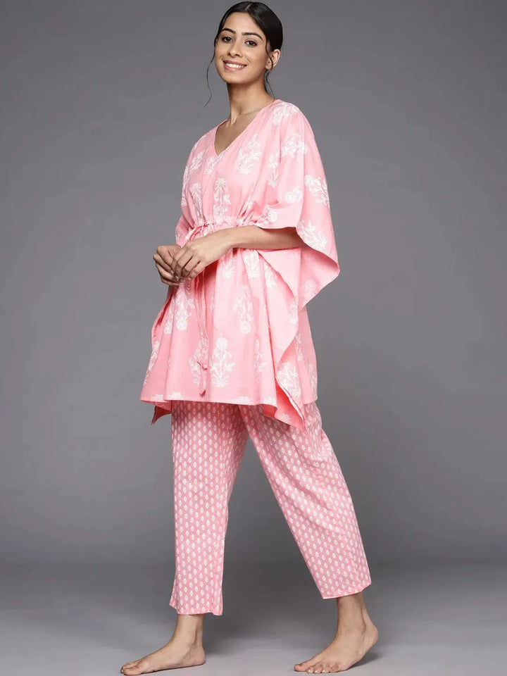 Pink Printed Cotton Night Suit - Libas
