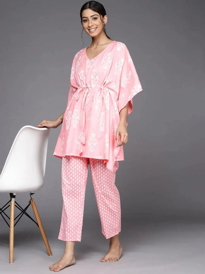 Pink Printed Cotton Night Suit - Libas
