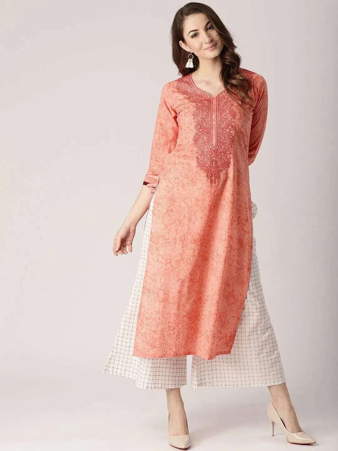 Pink Printed Cotton Kurta - Libas