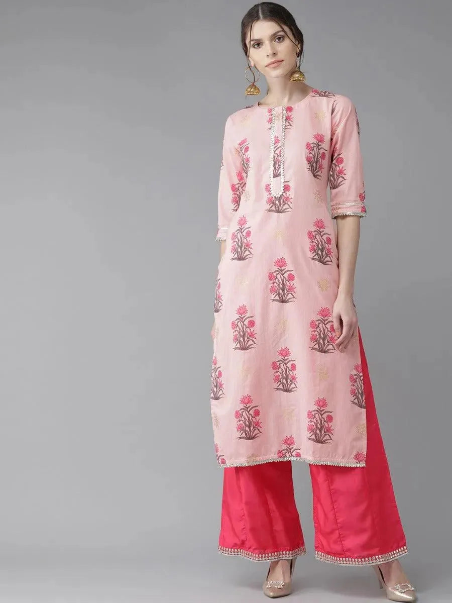 Pink Printed Cotton Kurta - Libas