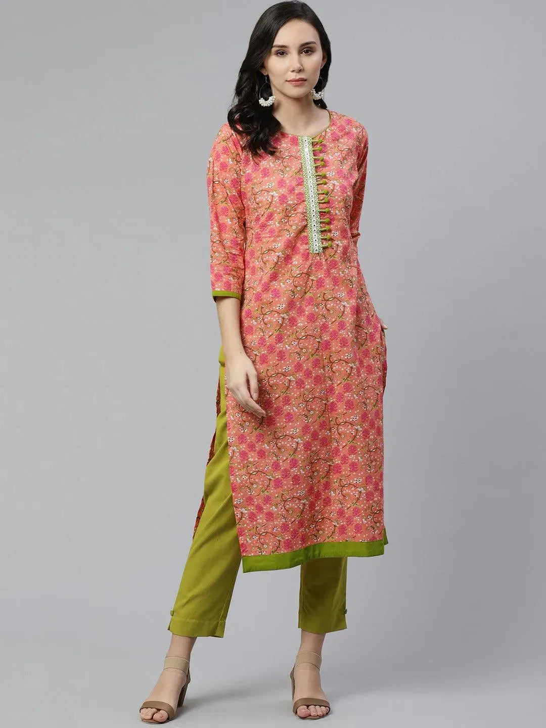 Pink Printed Cotton Kurta - Libas