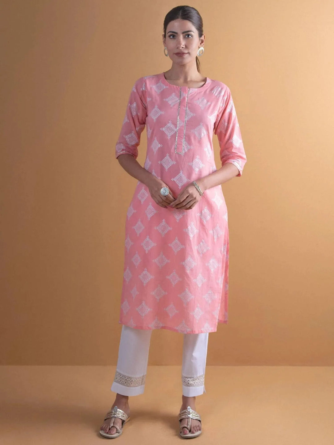 Pink Printed Cotton Kurta - Libas