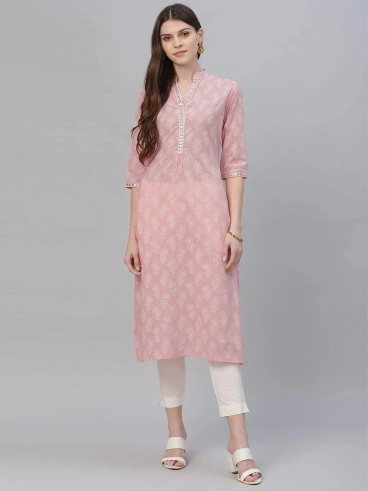 Pink Printed Cotton Kurta - Libas