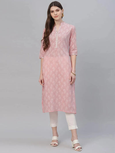 Pink Printed Cotton Kurta - Libas