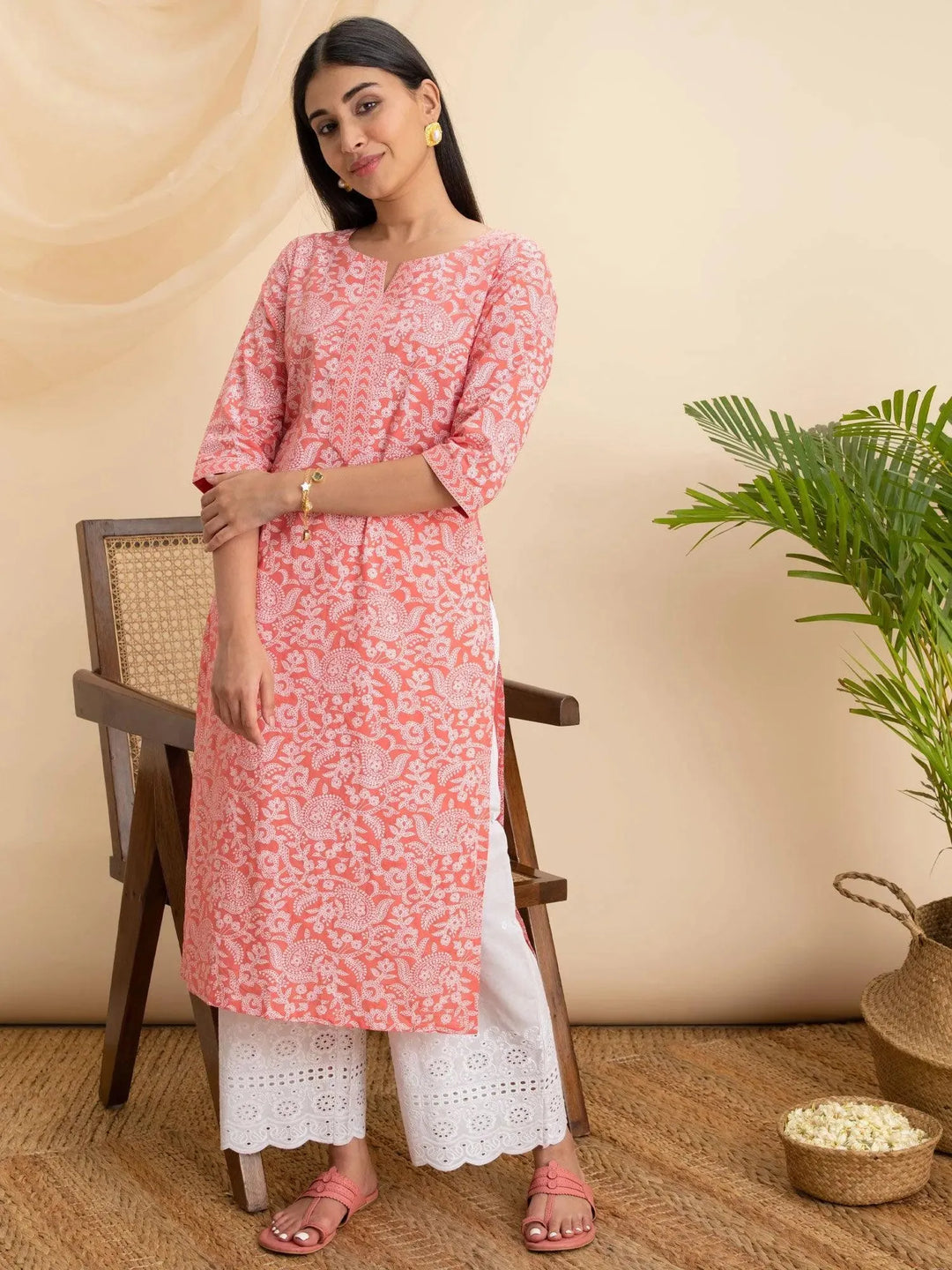 Pink Printed Cotton Kurta - Libas