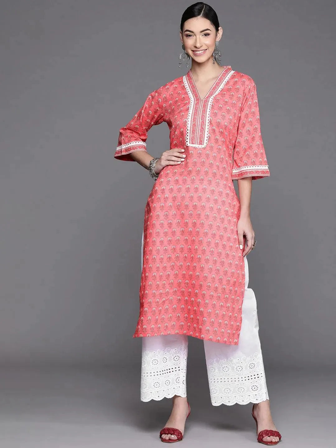 Pink Printed Cotton Kurta - Libas