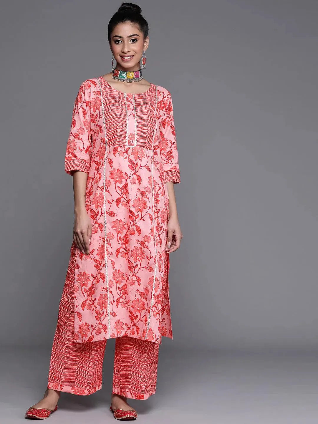 Pink Printed Cotton Kurta - Libas