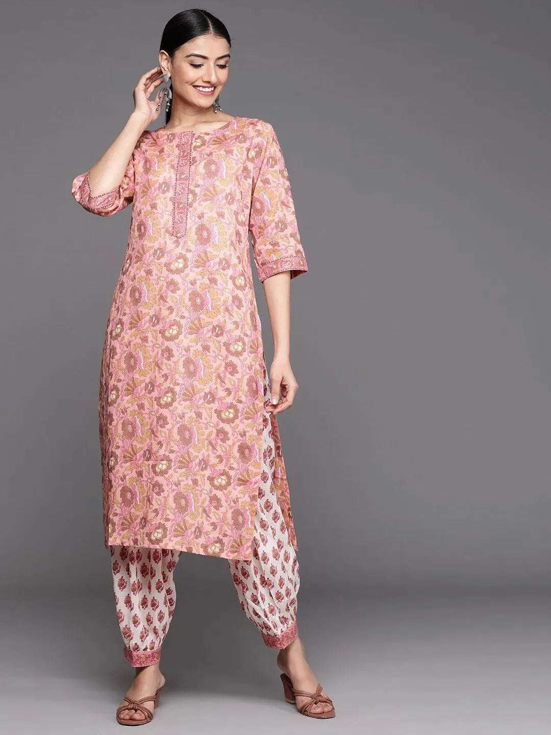 Pink Printed Cotton Kurta - Libas