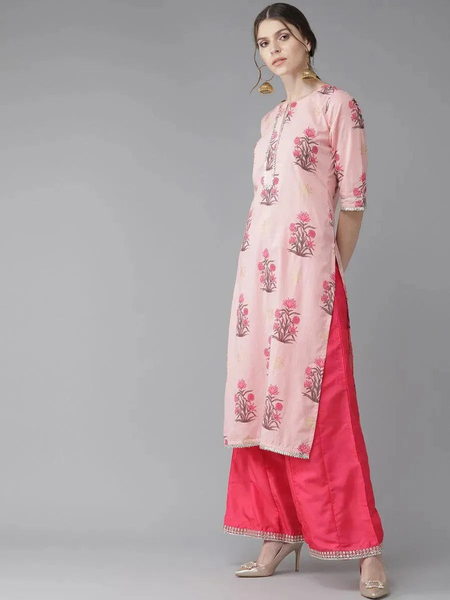 Pink Printed Cotton Kurta - Libas