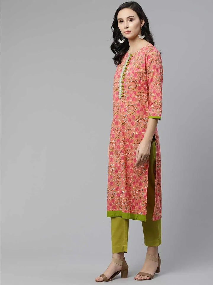 Pink Printed Cotton Kurta - Libas