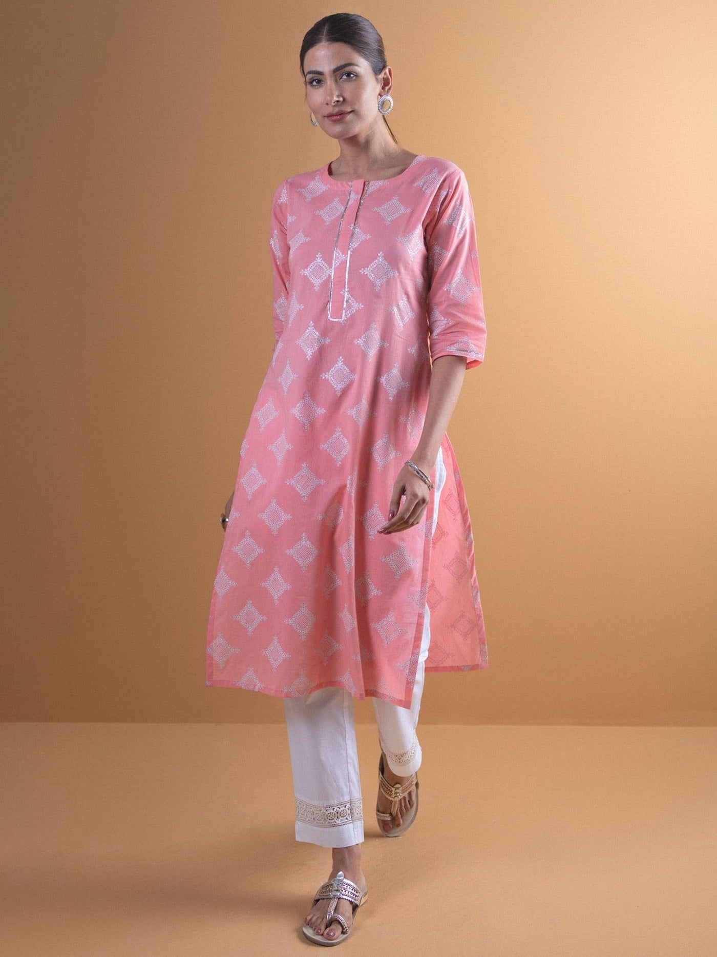 Pink Printed Cotton Kurta - Libas
