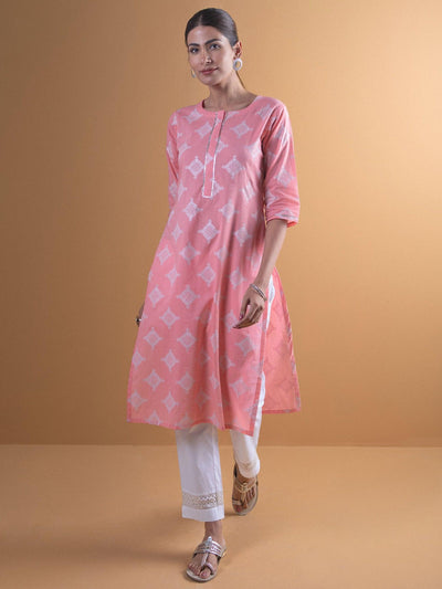 Pink Printed Cotton Kurta - Libas