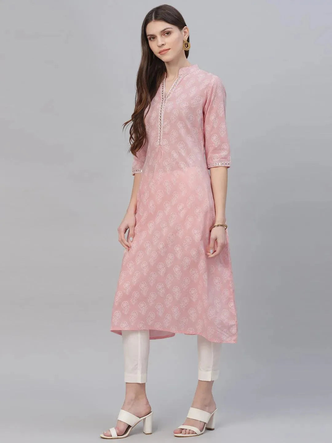 Pink Printed Cotton Kurta - Libas