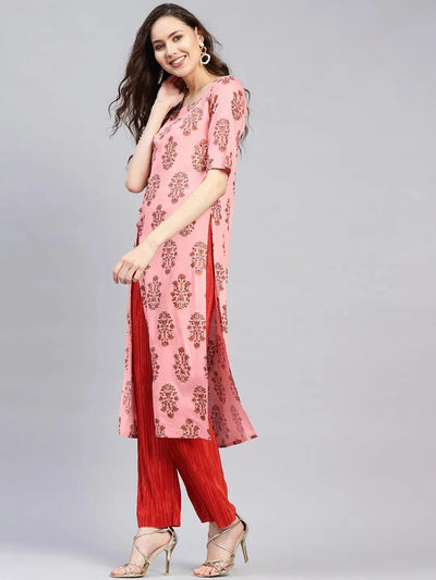 Pink Printed Cotton Kurta - Libas