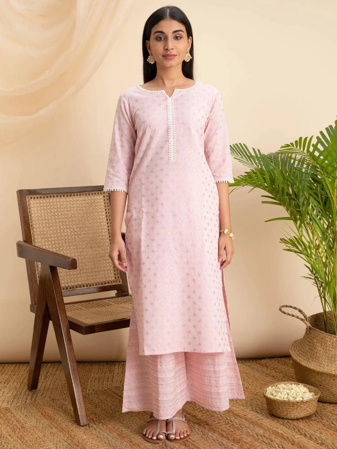 Pink Printed Cotton Kurta - Libas