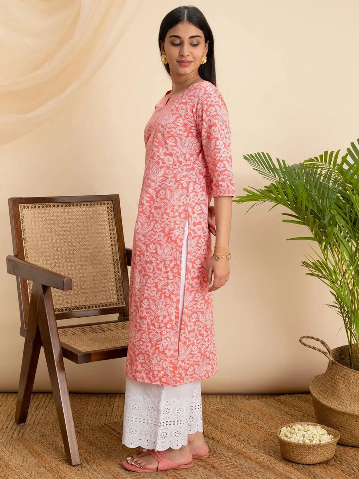 Pink Printed Cotton Kurta - Libas