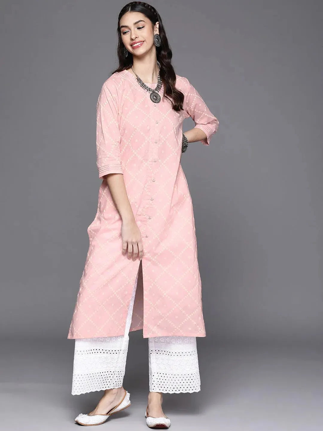 Pink Printed Cotton Kurta - Libas