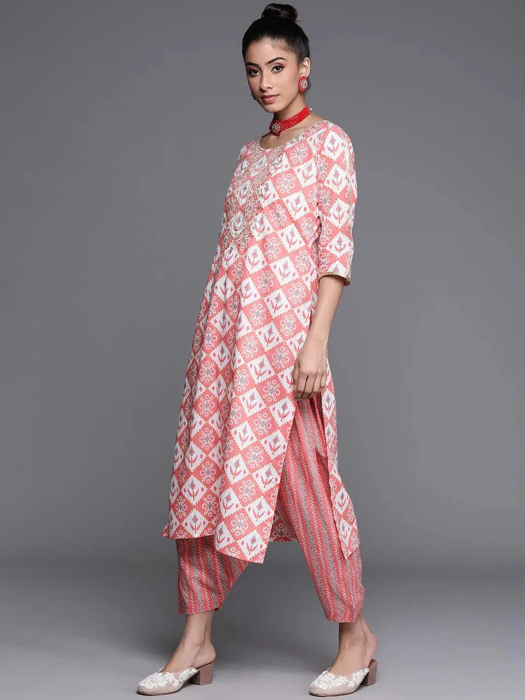 Pink Printed Cotton Kurta - Libas