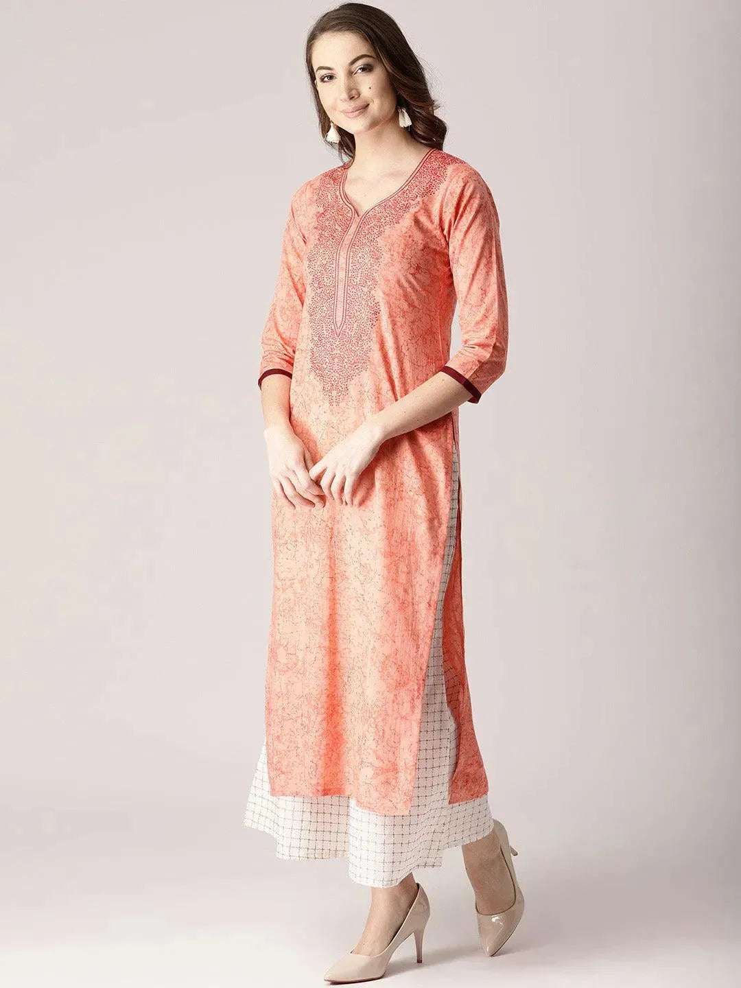 Pink Printed Cotton Kurta - Libas 