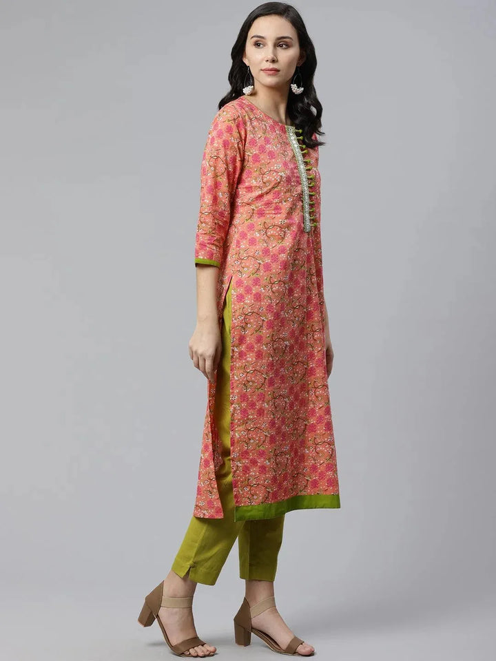 Pink Printed Cotton Kurta - Libas