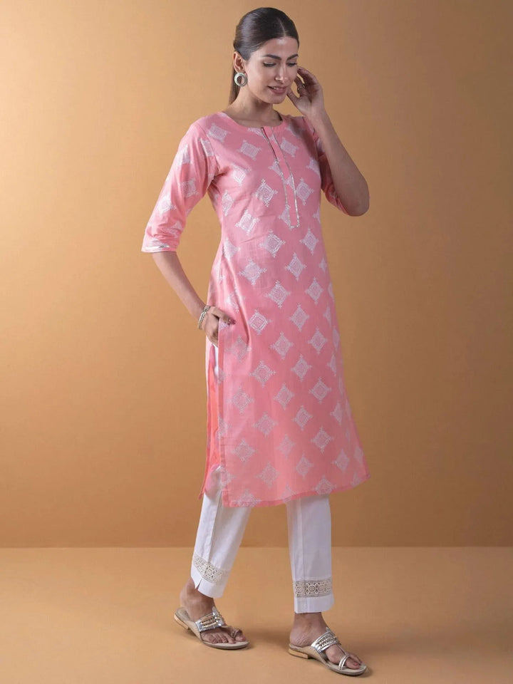 Pink Printed Cotton Kurta - Libas